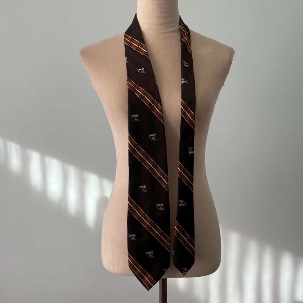 🐎 Vintage 1970s JCPenney Equestrian Wide Necktie Brown Plaid Horse Motif - Picture 2 of 7